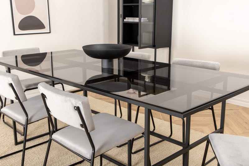 Matgrupp Leria 200 cm inkl 6 Kenth Sammetsstolar - Glas/Svart/Ljusgrå - Möbler - Bord & matgrupp - Matgrupp