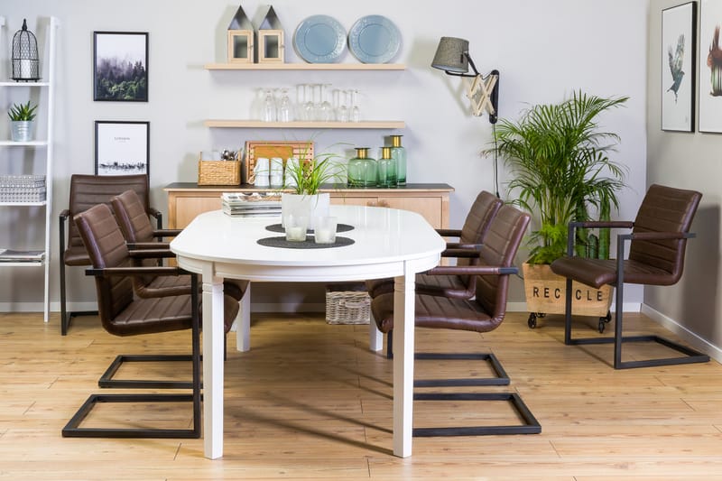 Matgrupp Lowisa Förlängningsbar 150 cm med 6 House Stol - Vit|Mörkbrun PU - Möbler - Bord & matgrupp - Matgrupp