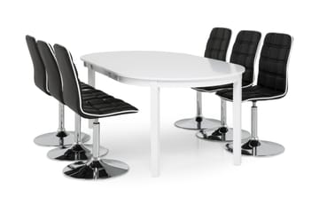 Matgrupp Lowisa Förlängningsbar 150 cm med 6 Shaw Stol - Vit|Svart PU|Krom - Möbler - Bord & matgrupp - Matgrupp