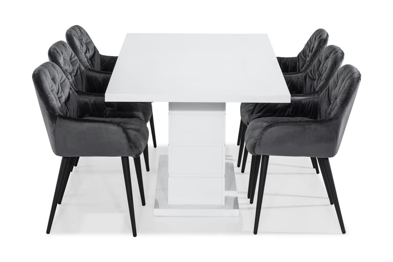 Matgrupp Ratliff 180 cm  6 st Giovanni Stol Sammet - Grå|Vit|Svart - Möbler - Bord & matgrupp - Matgrupp