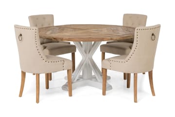Matgrupp Yorkshire Ø150 cm Rund Vintage Natur/Vit/Beige - 4 st Ophelia Stolar - Möbler - Bord & matgrupp - Matgrupp