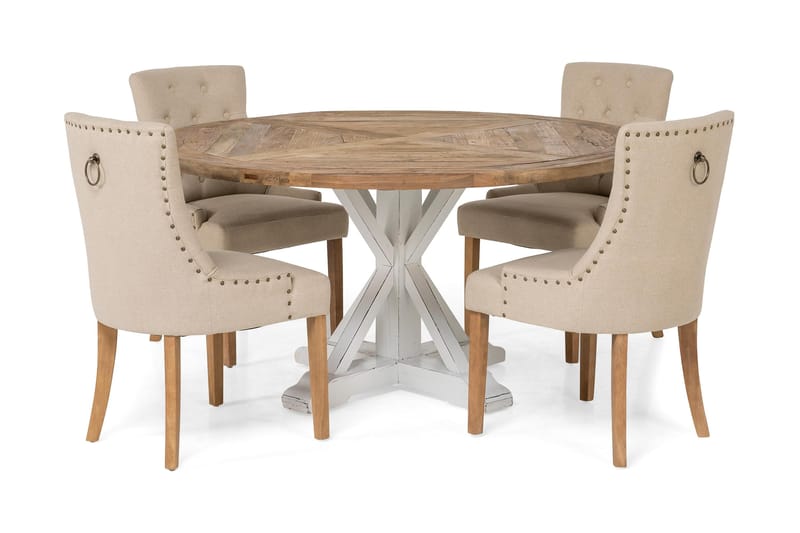 Matgrupp Yorkshire Ø150 cm Rund Vintage Natur/Vit/Beige - 4 st Ophelia Stolar - Möbler - Bord & matgrupp - Matgrupp