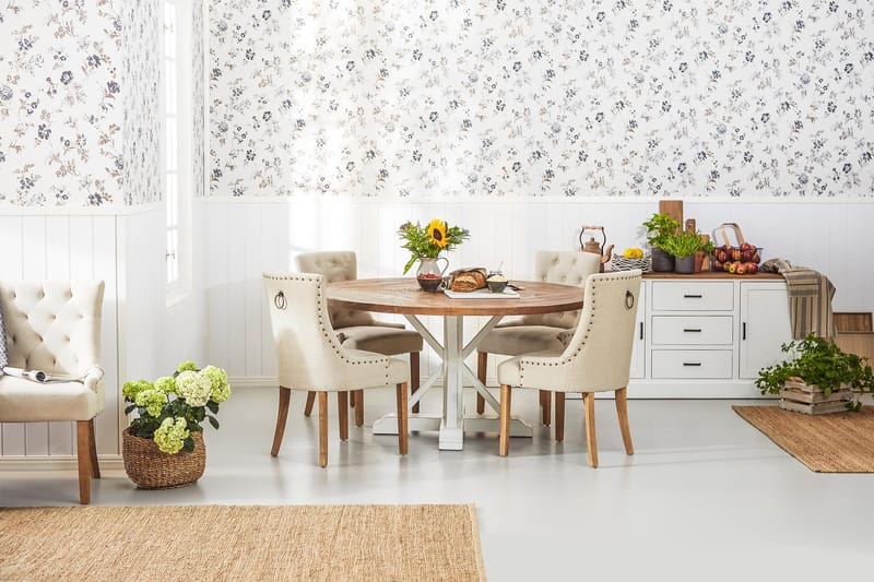 Matgrupp Yorkshire Ø150 cm Rund Vintage Natur/Vit/Beige - 4 st Ophelia Stolar - Möbler - Bord & matgrupp - Matgrupp