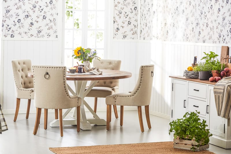 Matgrupp Yorkshire Ø150 cm Rund Vintage Natur/Vit/Beige - 4 st Ophelia Stolar - Möbler - Bord & matgrupp - Matgrupp
