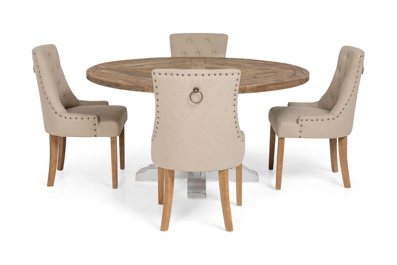 Matgrupp Yorkshire Ø150 cm Rund Vintage Natur/Vit/Beige - 4 st Ophelia Stolar - Möbler - Bord & matgrupp - Matgrupp