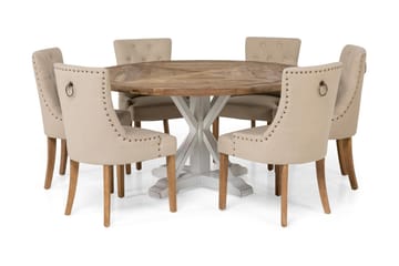 Matgrupp Yorkshire Ø150 cm Rund Vintage Natur/Vit/Beige - 6 st Ophelia Stolar - Möbler - Bord & matgrupp - Matgrupp