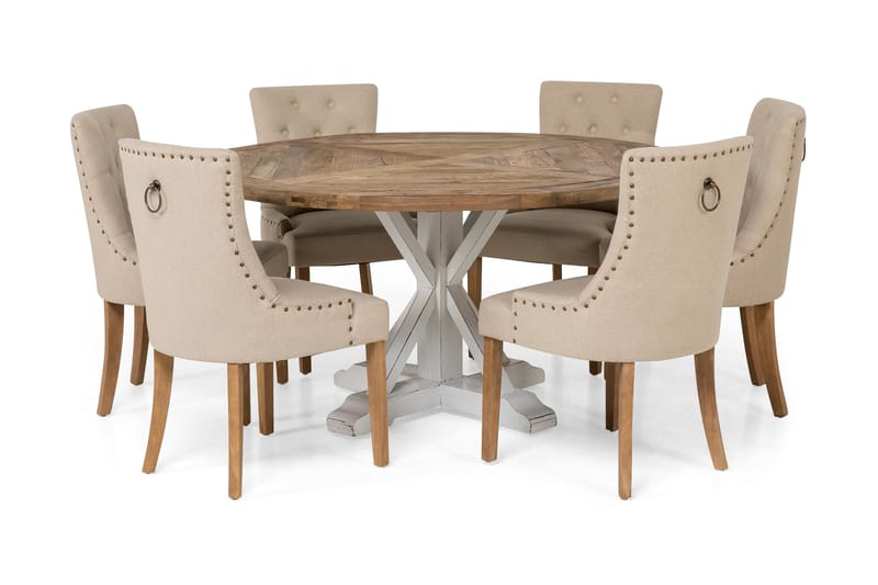 Matgrupp Yorkshire Ø150 cm Rund Vintage Natur/Vit/Beige - 6 st Ophelia Stolar - Möbler - Bord & matgrupp - Matgrupp