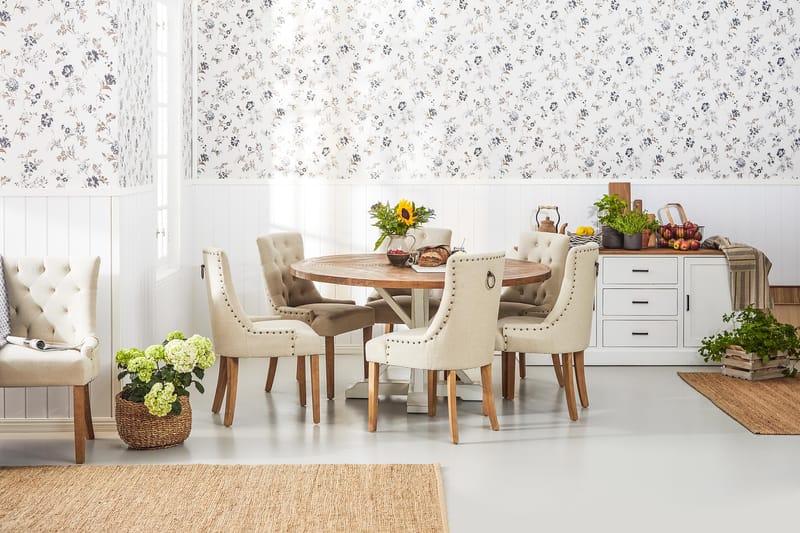 Matgrupp Yorkshire Ø150 cm Rund Vintage Natur/Vit/Beige - 6 st Ophelia Stolar - Möbler - Bord & matgrupp - Matgrupp