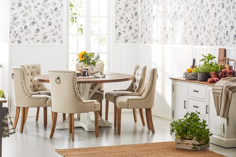 Matgrupp Yorkshire Ø150 cm Rund Vintage Natur/Vit/Beige - 6 st Ophelia Stolar - Möbler - Bord & matgrupp - Matgrupp