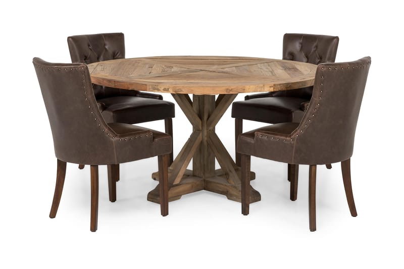Matgrupp Yorkshire 150 cm Rund med 4 Hermione Fåtölj - Vintage Alm|Brun PU - Möbler - Bord & matgrupp - Matgrupp