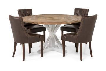 Matgrupp Yorkshire 150 cm Rund med 4 Hermione Fåtölj - Vintage Alm|Vit|Brun PU - Möbler - Bord & matgrupp - Matgrupp
