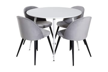 Matgrupp Pinilla 100 cm Rund inkl 4 Luisa Sammetsstolar - Vit/Ljusgrå - Möbler - Bord & matgrupp - Matgrupp