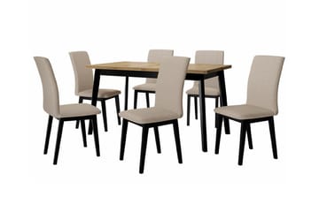 Patrickswell Rektangulär Utdragbar Matgrupp 140–180 cm – Matbord med Ekutseende och 6 Klädda Matstolar med Raka Ben - Svart|Beige|Natur - Möbler - Bord & matgrupp - Matgrupp