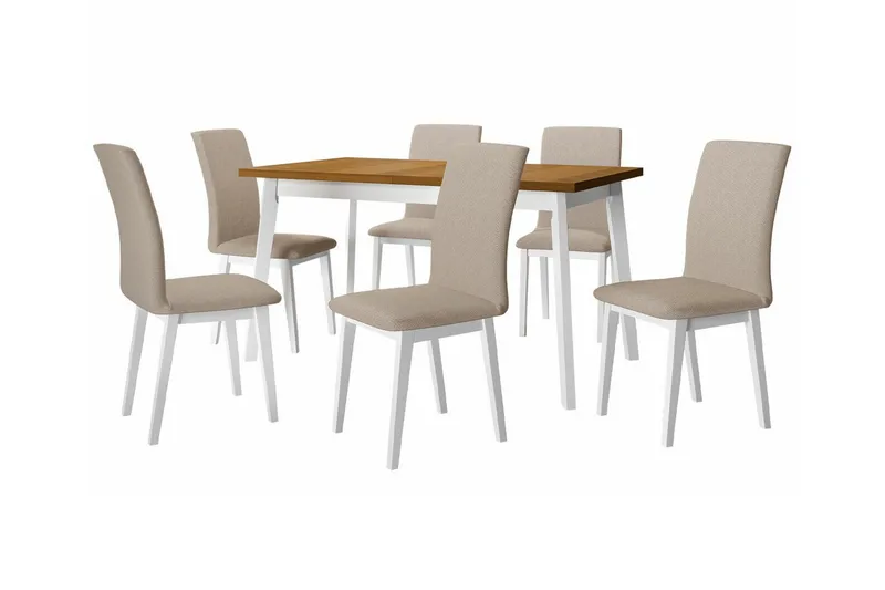 Patrickswell Rektangulär Utdragbar Matgrupp 140–180 cm – Matbord med Ekutseende och 6 Klädda Matstolar med Raka Ben - Vit|Beige|Brun - Möbler - Bord & matgrupp - Matgrupp