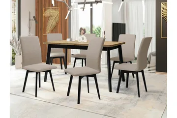 Patrickswell Rektangulär Utdragbar Matgrupp 140–180 cm – Matbord med Ekutseende och 6 Klädda Matstolar med Vinklade Ben - Svart|Beige|Natur - Möbler - Bord & matgrupp - Matgrupp