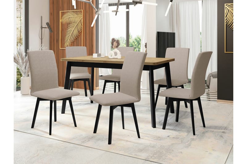 Patrickswell Rektangulär Utdragbar Matgrupp 140–180 cm – Matbord med Ekutseende och 6 Klädda Matstolar med Vinklade Ben - Svart|Beige|Natur - Möbler - Bord & matgrupp - Matgrupp