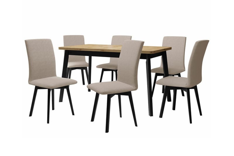 Patrickswell Rektangulär Utdragbar Matgrupp 140–180 cm – Matbord med Ekutseende och 6 Klädda Matstolar med Vinklade Ben - Svart|Beige|Natur - Möbler - Bord & matgrupp - Matgrupp