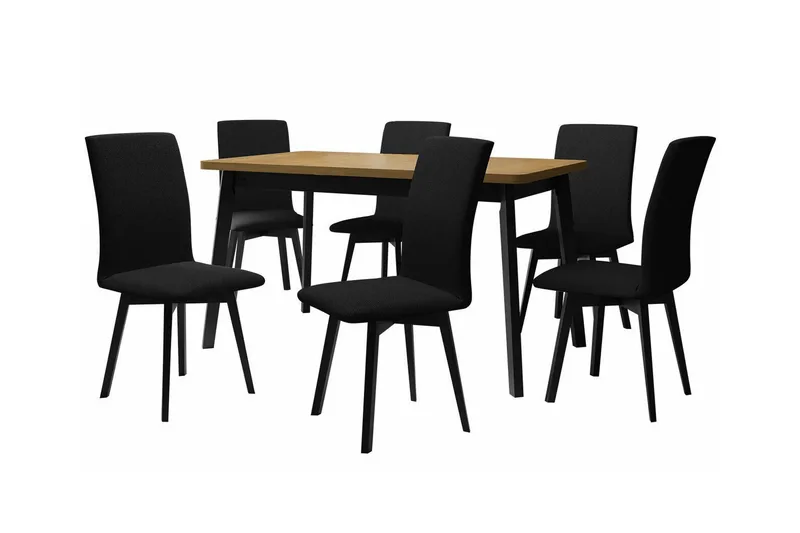 Patrickswell Rektangulär Utdragbar Matgrupp 140–180 cm – Matbord med Ekutseende och 6 Klädda Matstolar med Vinklade Ben - Svart|Ljusbrun - Möbler - Bord & matgrupp - Matgrupp