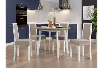 Patrickswell Rund Matgrupp 100 cm – Matbord med Ekutseende och 4 Matstolar med Klädd Rygg i Trä - Vit|Beige - Möbler - Bord & matgrupp - Matgrupp
