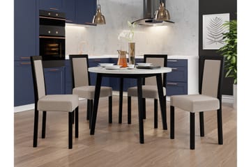Patrickswell Rund Matgrupp 100 cm – Matbord med Vit Skiva och 4 Matstolar med Klädd Rygg i Trä - Svart|Beige - Möbler - Bord & matgrupp - Matgrupp