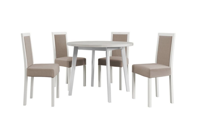 Patrickswell Rund Matgrupp 100 cm – Matbord med Vit Skiva och 4 Matstolar med Klädd Rygg i Trä, Vit|Beige