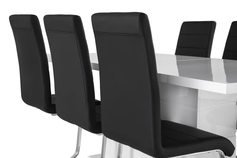 Ratliff Matgrupp 180 cm + 6 Stolar Förlängningsbart med illäggsskiva - Vit / Svart Pu / Krom - Möbler - Bord & matgrupp - Matgrupp