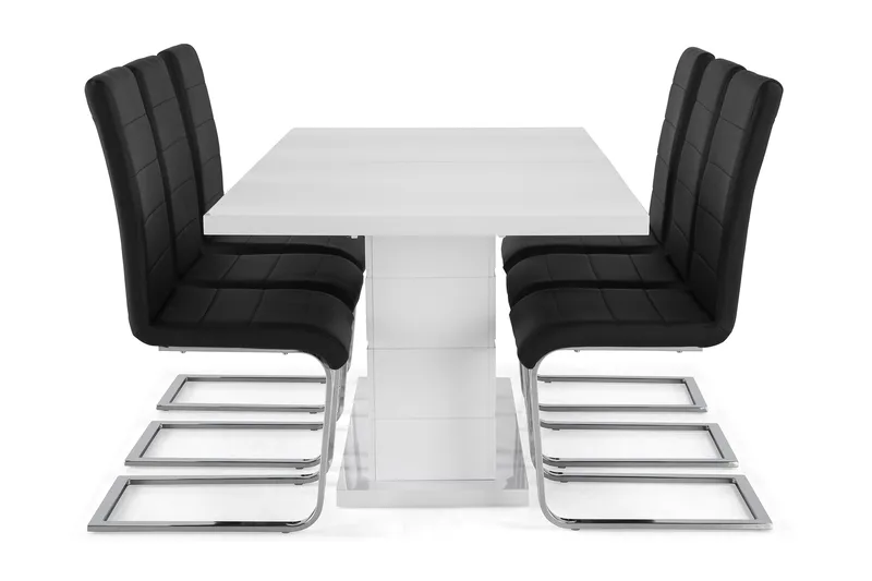 Ratliff Matgrupp 180 cm + 6 Stolar Förlängningsbart med illäggsskiva - Vit / Svart Pu / Krom - Möbler - Bord & matgrupp - Matgrupp