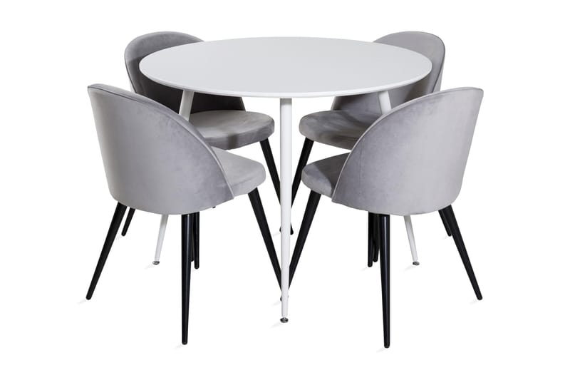 Ridones Matgrupp 100 cm Rund inkl 4 Valerie Sammetsstolar, Vit/Ljusgrå