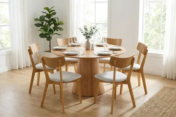 Siena Matgrupp 130 cm runt i Ek med 6 Amelia Matstolar med Dyna - Ek/Beige - Möbler - Bord & matgrupp - Matgrupp
