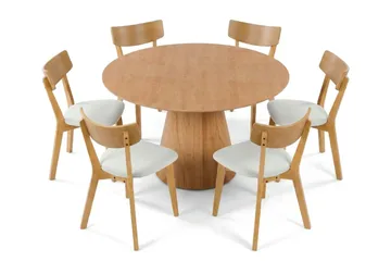 Siena Matgrupp 130 cm runt i Ek med 6 Amelia Matstolar med Dyna - Ek/Beige - Möbler - Bord & matgrupp - Matgrupp