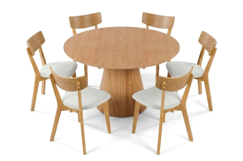 Siena Matgrupp 130 cm runt i Ek med 6 Amelia Matstolar med Dyna - Ek/Beige - Möbler - Bord & matgrupp - Matgrupp