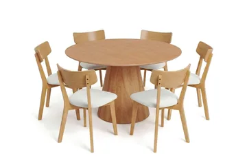 Siena Matgrupp 130 cm runt i Ek med 6 Amelia Matstolar med Dyna - Ek/Beige - Möbler - Bord & matgrupp - Matgrupp