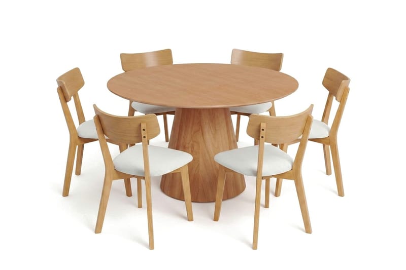 Siena Matgrupp 130 cm runt i Ek med 6 Amelia Matstolar med Dyna, Ek/Beige