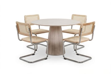 Siena Matgrupp runt 110 cm Vitlaserad med 4 Build Matstolar - Vitlaserad/Natur/krom - Möbler - Bord & matgrupp - Matgrupp