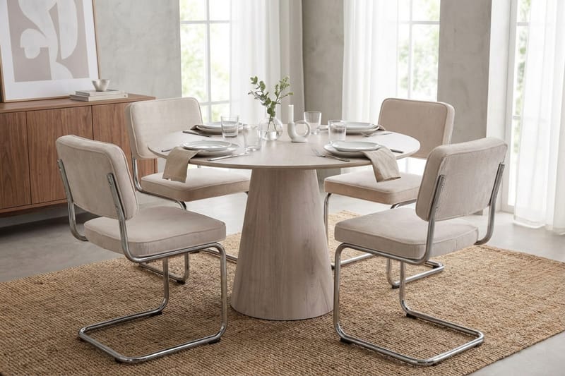 Siena Matgrupp runt 110 cm Vitlaserad med 4 Milva Matstolar - Vitlaserad/Beige/krom - Möbler - Bord & matgrupp - Matgrupp
