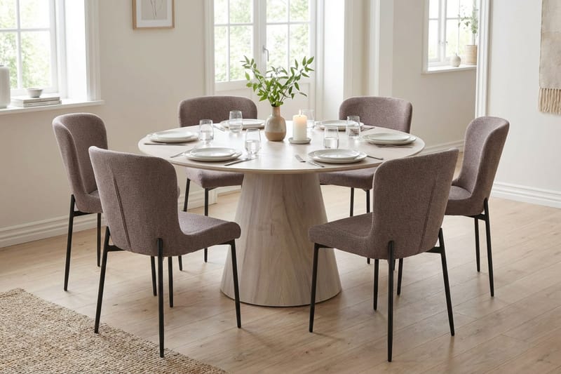 Siena Matgrupp runt 130 cm Vitlaserad med 6 Elsie Matstolar - Vitlaserad/Grå - Möbler - Bord & matgrupp - Matgrupp