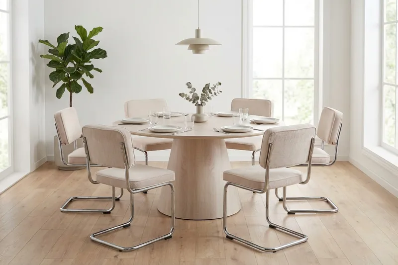 Siena Matgrupp runt 150 cm Vitlaserad med 6 Milva Matstolar - Vitlaserad/Beige/krom - Möbler - Bord & matgrupp - Matgrupp