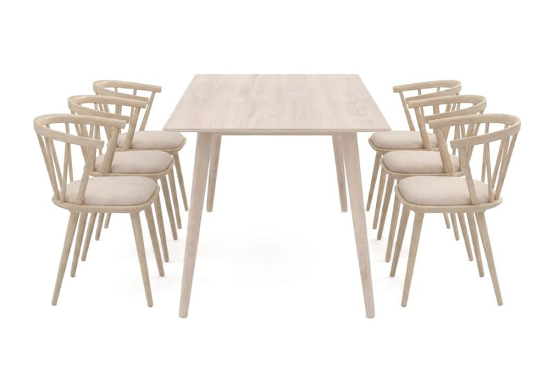 Tyrö Matgrupp 190 cm Whitewash med 6 st Tyrö Karmstolar med Dyna - Whitewash - Möbler - Bord & matgrupp - Matgrupp