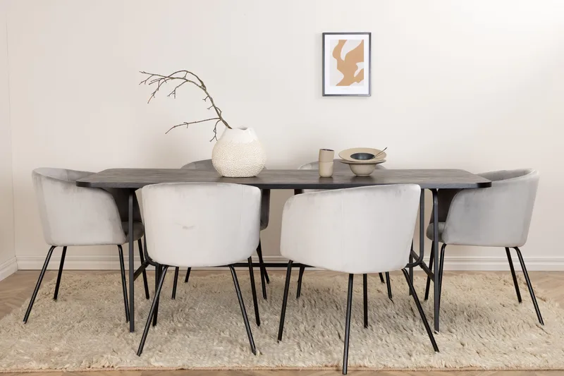 Unos Matgrupp 200 cm inkl 6 Berita Sammetsstolar - Svart/Grå - Möbler - Bord & matgrupp - Matgrupp