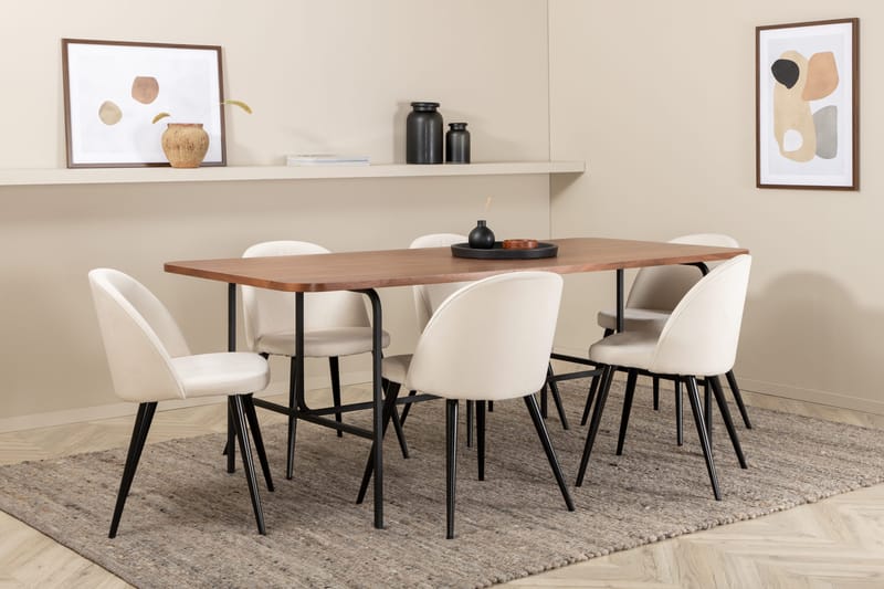 Unos Matgrupp 200 cm inkl 6 Valera Manchesterstolar - Valnötsbrun/Svart/Beige - Möbler - Bord & matgrupp - Matgrupp