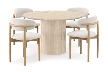 Uppveda Runt Matbord 120cm Travetin utseende med 4 st Jaiveer Matstolar - Beige - Möbler - Bord & matgrupp - Matgrupp