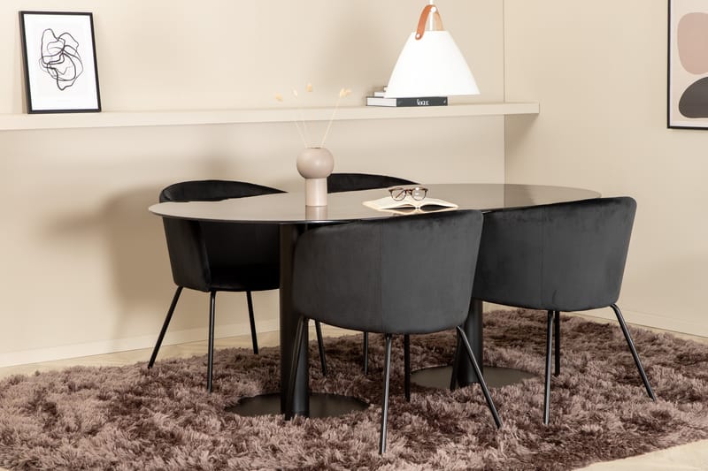 Matgrupp Pilis 180 cm Oval inkl 4 Beraid Sammetsstolar - Svart - Matgrupp