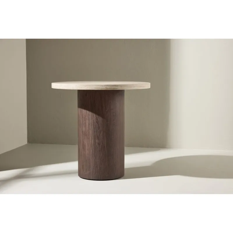 Megg 50 cm Runt Soffbord i Sten med Träunderrede - Beige - Möbler - Bord & matgrupp - Soffbord