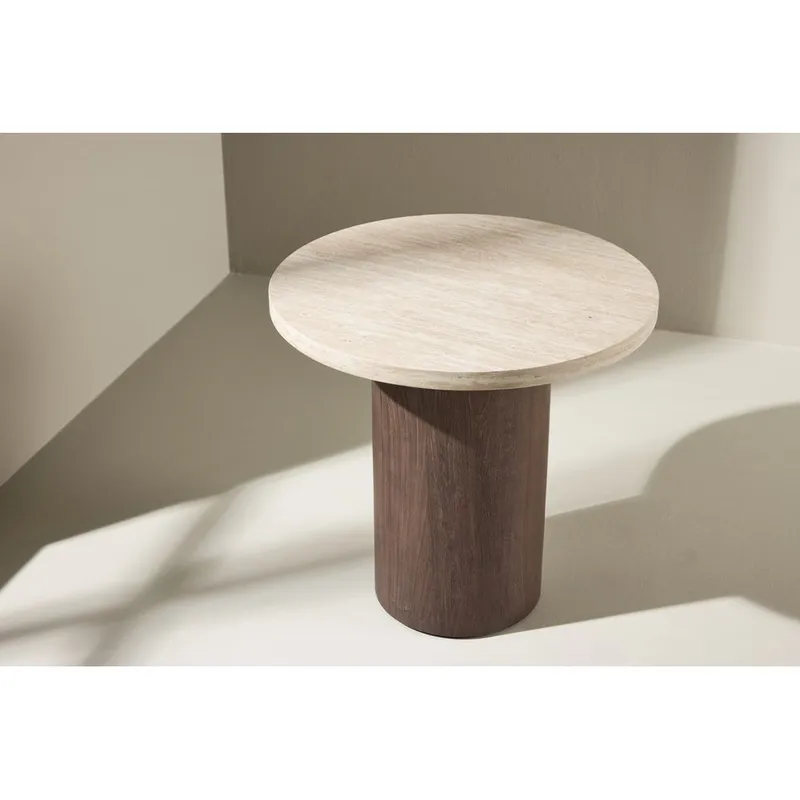 Megg 50 cm Runt Soffbord i Sten med Träunderrede - Beige - Möbler - Bord & matgrupp - Soffbord