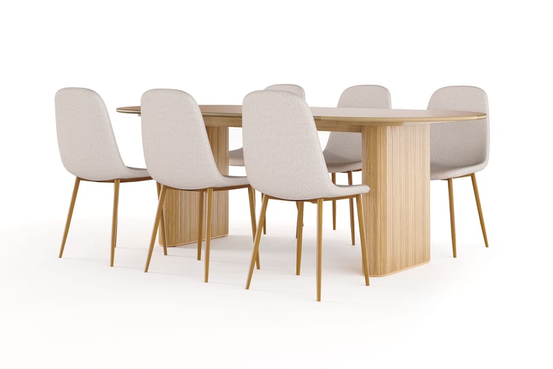 Neandir Ovalt Matbord 220 cm EK +  6 st Naira stol beige med ek ben, Natur/Beige