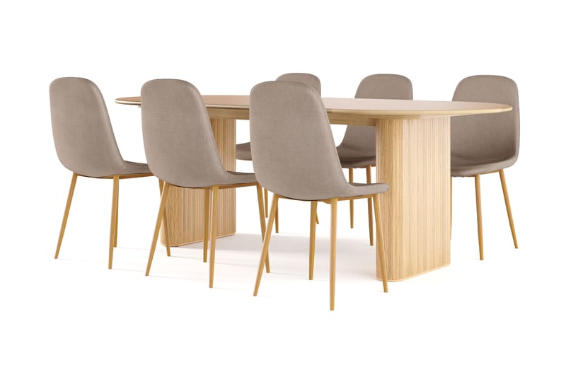 Neandir Ovalt Matbord 220 cm EK +  6 st Naira stol brun med ek ben, Natur/Brun