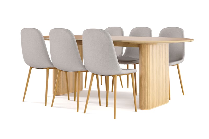Neandir Ovalt Matbord 220 cm EK +  6 st Naira stol grå med ek ben, Natur/Grå