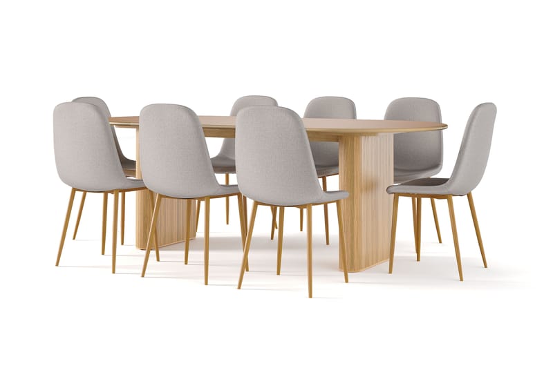 Neandir Ovalt Matbord 220 cm EK +  8 st Naira stol grå med ek ben, Natur/Grå