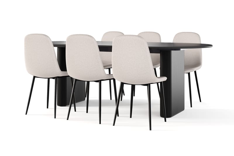 Neandir Ovalt Matbord 220 cm Svart +  6 st Naira stol beige med svarta ben, Svart/Beige