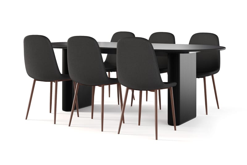 Neandir Ovalt Matbord 220 cm Svart +  6 st Naira stol svart med valnöt ben, Svart
